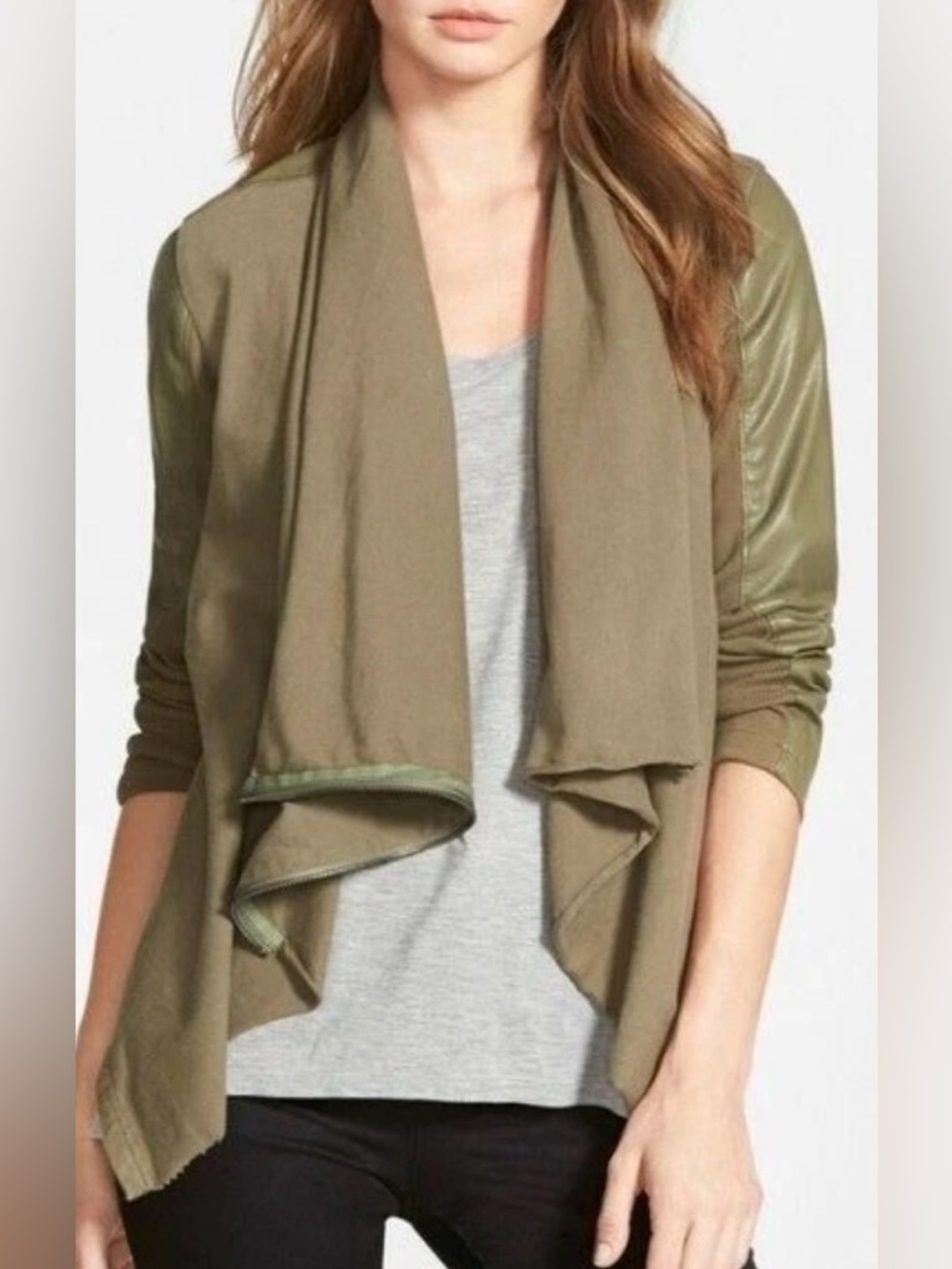 Blank NYC S Vegan Faux Leather Draped Asymmetric Zip Moto Jacket Olive Green
